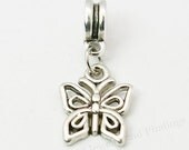 2 pcs- Antique Silver  Dangle Butterfly Charms pendant  fit  European Charm Bracelets- large hole metal spacer beads-  little girls jewelry
