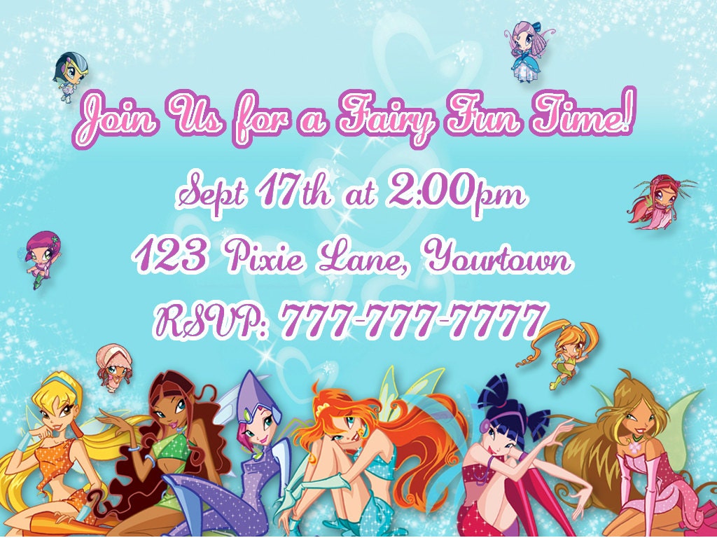 Winx Club Birthday Invitation OR Thank You Card Personalized Custom Printable Digital File
