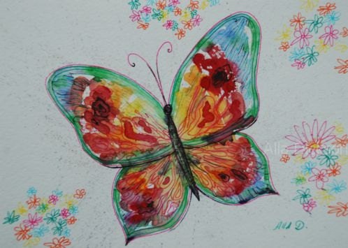 8x10 Art Print of the original watercolor painting "Rainbow Delight Butterfly", wall decor, yellow, orange, red, green, blue, flowers