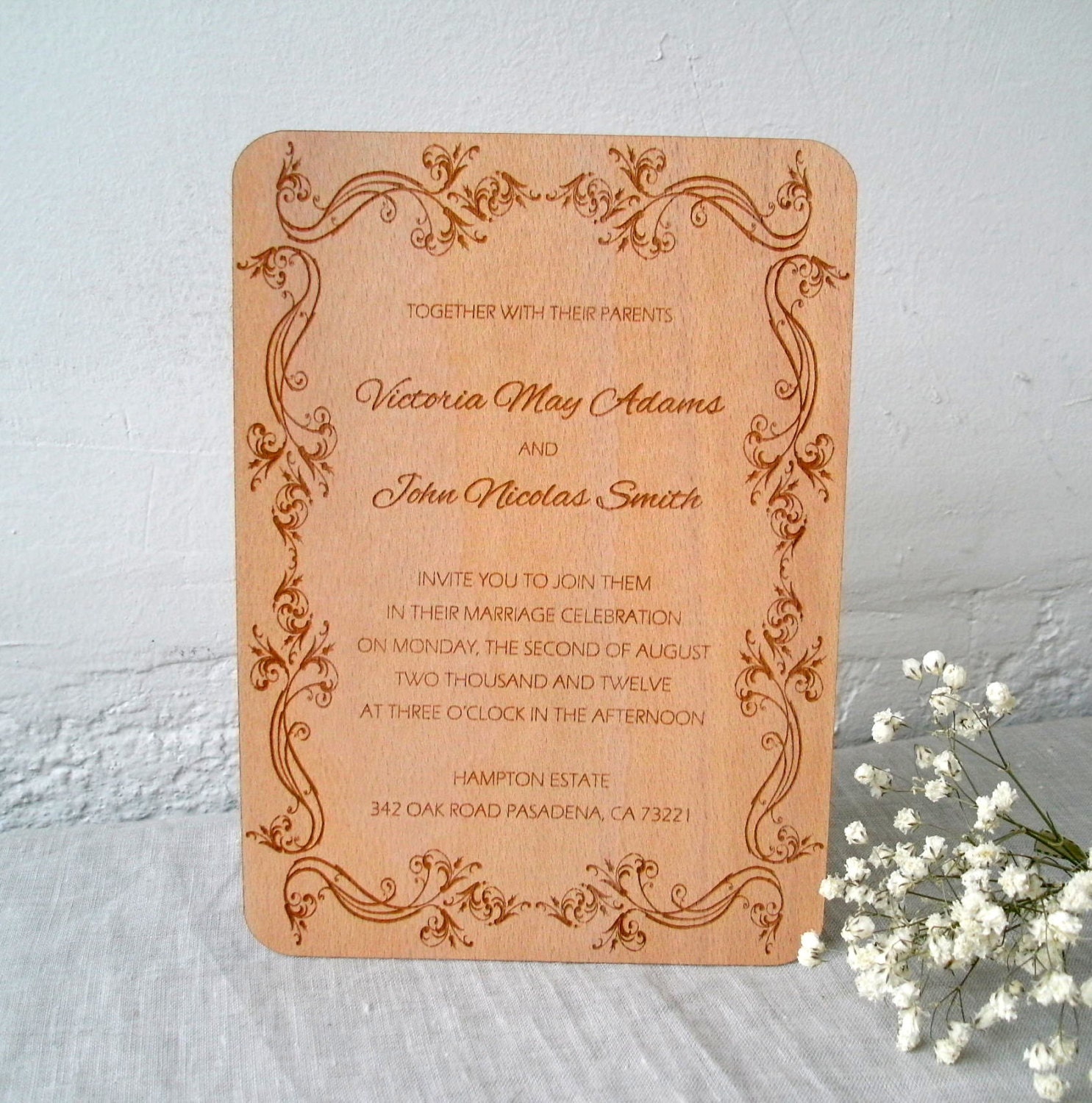 Wooden Engraved Wedding Invitation - Real Wood Invitation 5" x 7" - Rustic Wedding Invitation - Luxury Laser Engraved - Victorian Lace