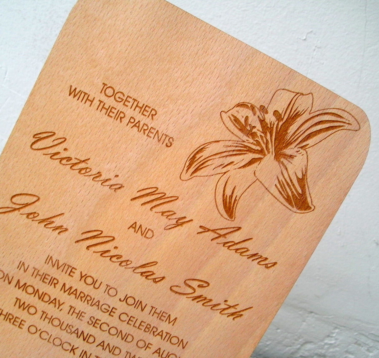 Wooden Engraved Wedding Invitation - Real Wood Invitation 5" x 7" - Rustic Wedding Invitation - Luxury Laser Engraved Invitation - Floral