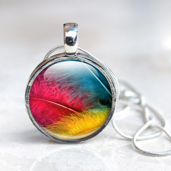 Feather Necklace Primary Colours Red Yellow and Blue Pendant Necklace with silver chain - Wearable Art - GlassArtDreams