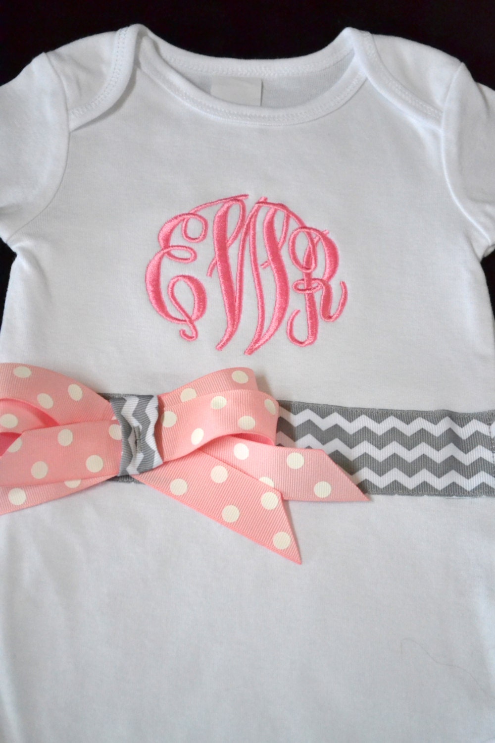 Personalized Bodysuit Onesie Baby Girls Toddler Monogrammed Applique Embroidery Personalized Custom Design Circle Monogram Chevron GR/PK