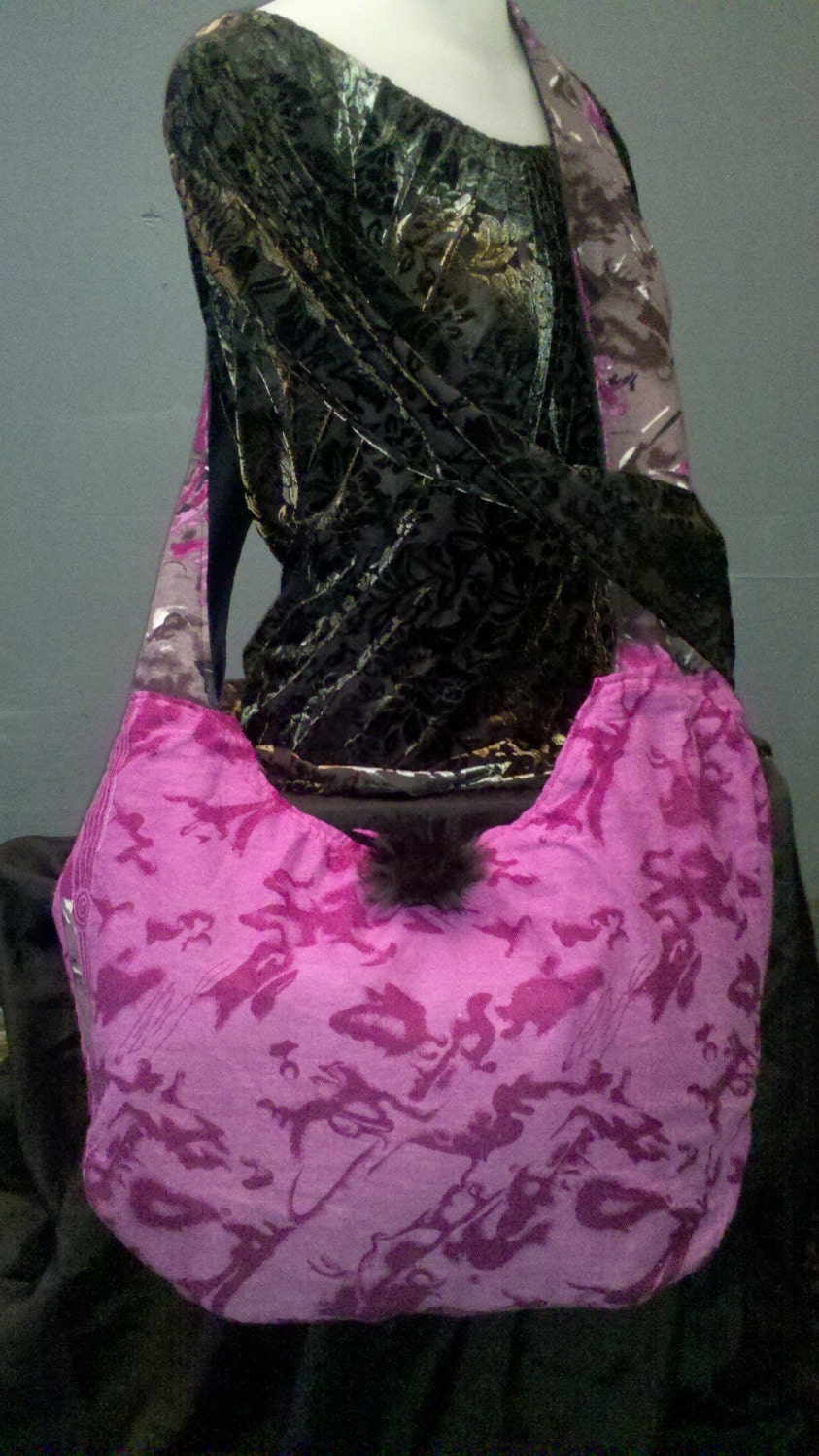 Pink & black velvet crossbody hobo bag purse gypsy boho funky festival handmade