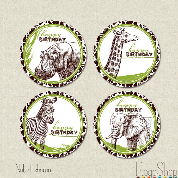 8 Safari birthday party decoration stickers African cupcake toppers printable DIY circles INSTANT DOWNLOAD green brown zebra elephant Il_170x135