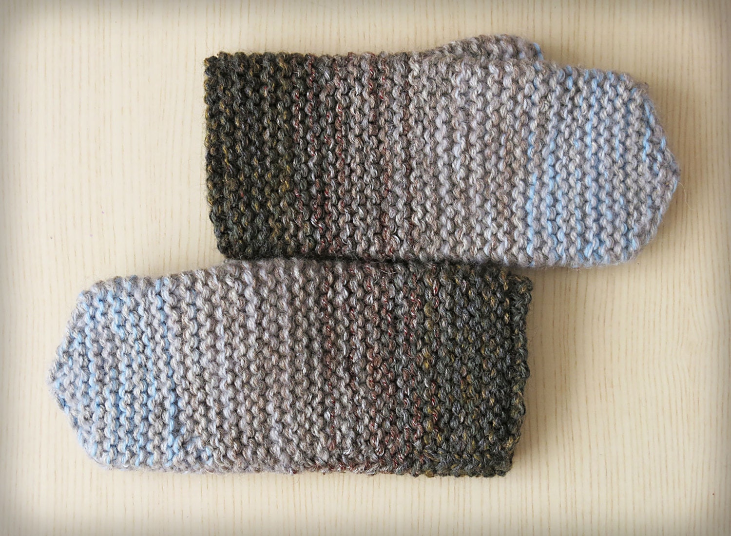 Hand knitted mittens, gloves for men and women, rustic knit, green beige gray blue ombré, texting mittens