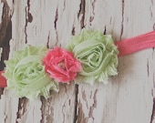 Mint green and coral pink shabby chic flowers baby girl toddler children's headband