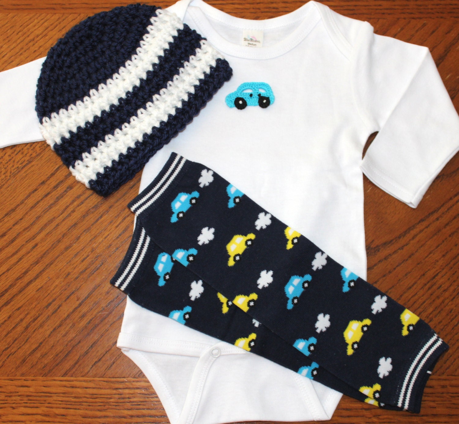Baby Boy 6-12 Month Beep Beep Car Set. Long sleeved Onsie, Leg Warmers and Knit Hat