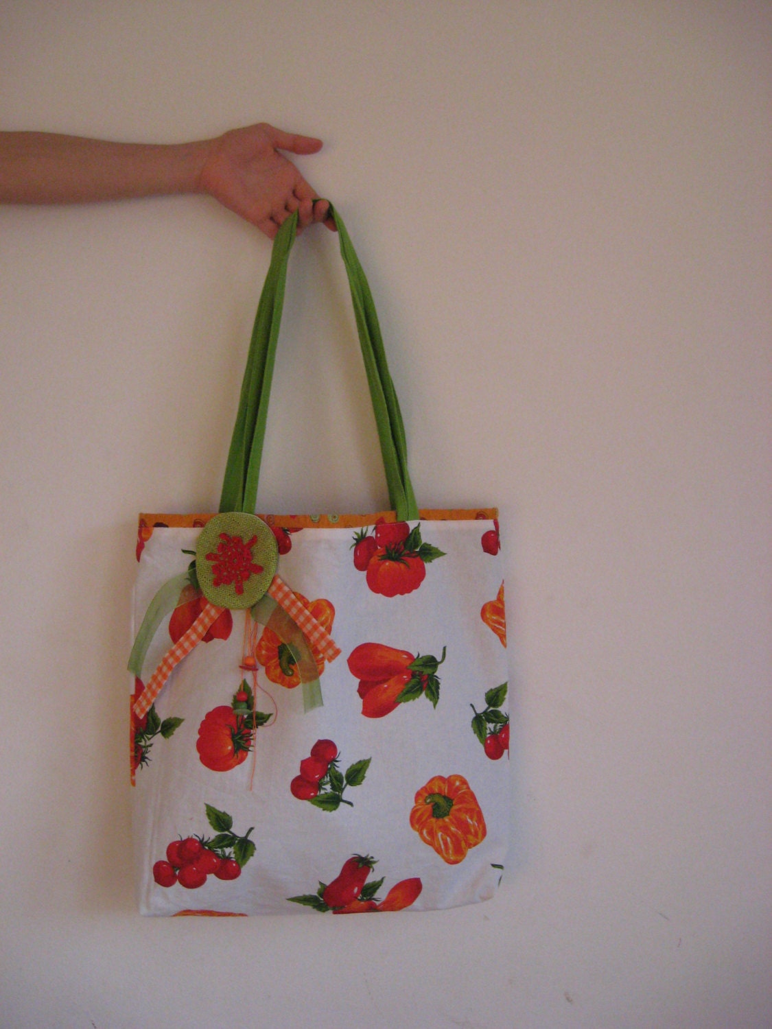 Bright green,orange tote,market,grocery,reusable,vegetables,cotton,fabric,bag - Spring,summer,cheerful,kitchen,home decor