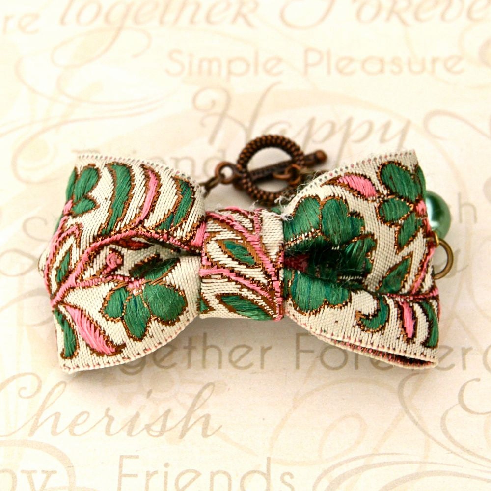 Green Flower Bow Bracelet Beaded Pearl Bracelet Fabric Flower Bracelet Ribbon Cuff Textile Statement Jewelry