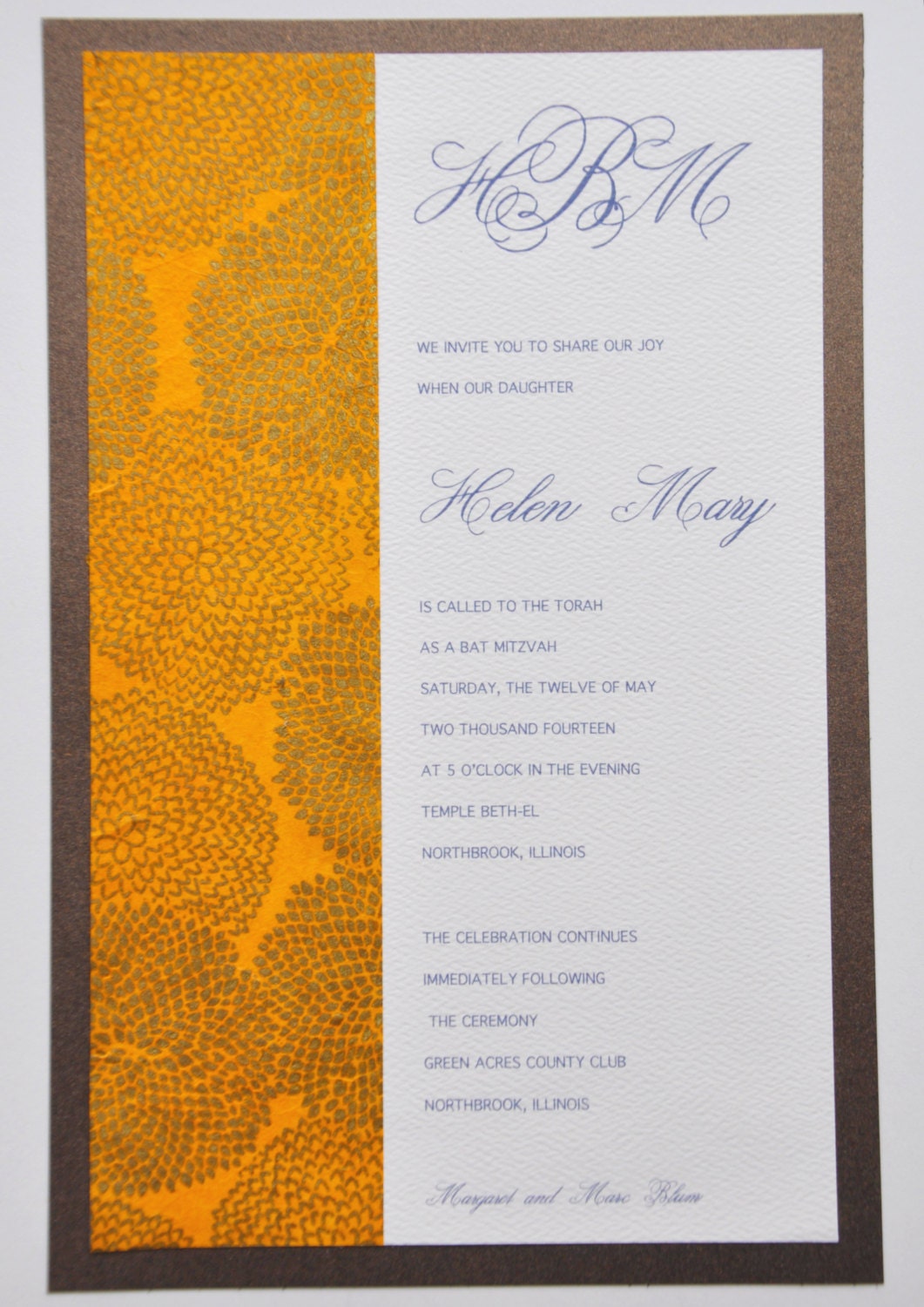 Elegant Floral Bat Mitzvah and Wedding Invitation with handmade paper