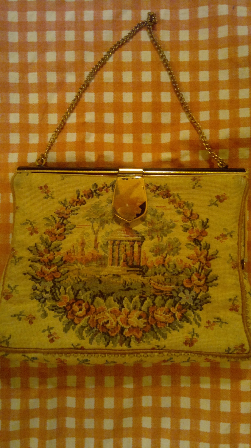 Dainty clutch coin sized purse Circa perhaps 1950-60 Made in France Cream Lining with pocket Country Landscape detailing