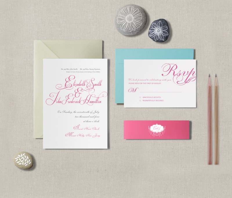 Custom wedding, Blue White Pink invitation, Rustic Vintage Country Unique Wedding Invitation Set / free shipping
