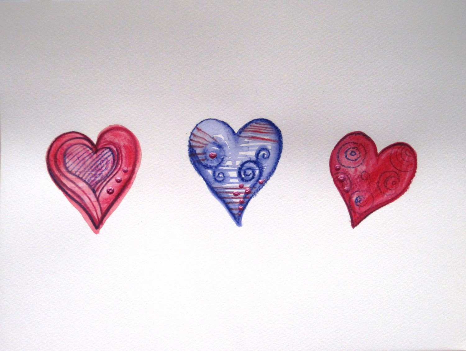 ORIIGINAL Watercolor Painting -  Trio of Hearts -  Abstract Mixed Media Love Valentines Day Gift Love Romantic Illustration