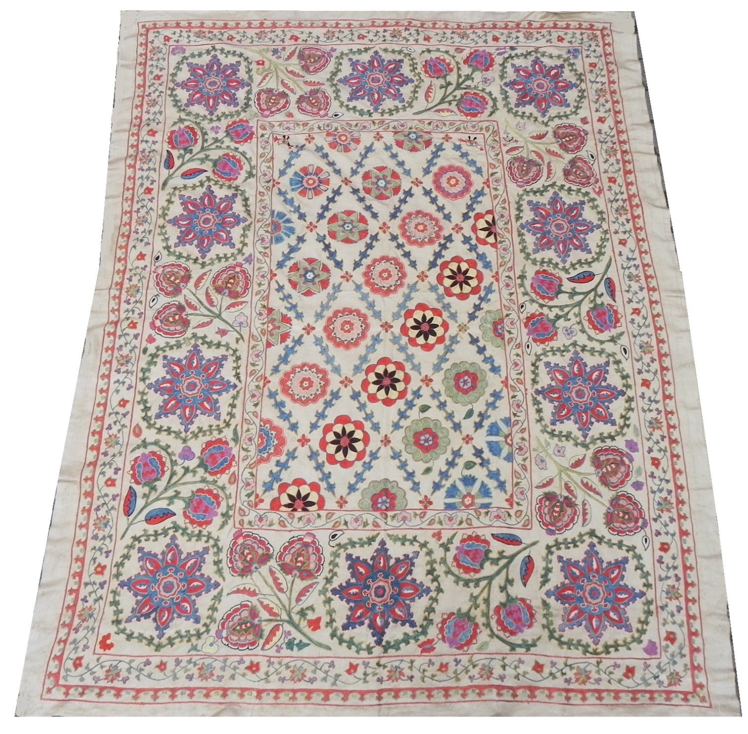 Vintage Silk Handmade Embroidery, Wallhanging, Bedspread or Table Cover, Suzani Needlework from Uzbekistan