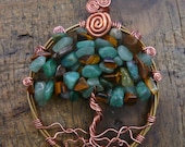 Tree of Life Pendant with Tiger's Eye, African Jade, and Adventurine chips. Made with upcycled guitar string and copper wire