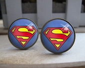 Mens Cuff Links , Vintage Brass Superman Superhero Logo Design Cuff Link , CUSTOM Cufflinks , with a Gift Box