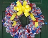 Deco Mesh Patriotic wreath with lots of red, white and blue Multi Holiday: Memorial Day, Flag Day, 4th of July, Labor Day, etc