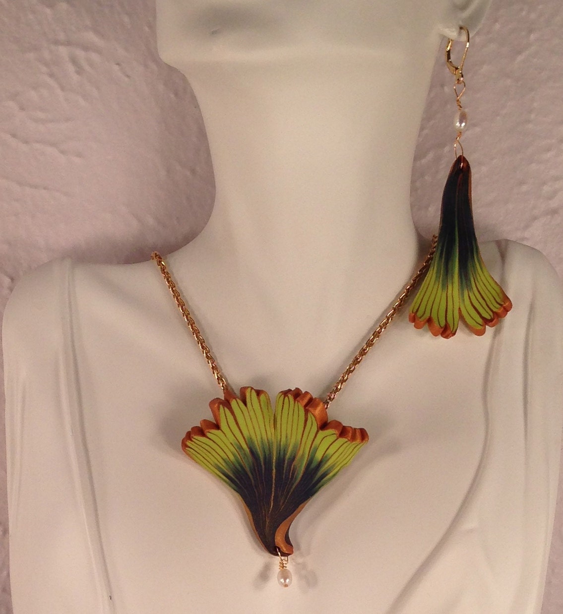 Gingko Pendant and Earrings. Polymer Clay. Freshwater Pearls. Deep Blue, Light Green and Gold. Handcrafted.