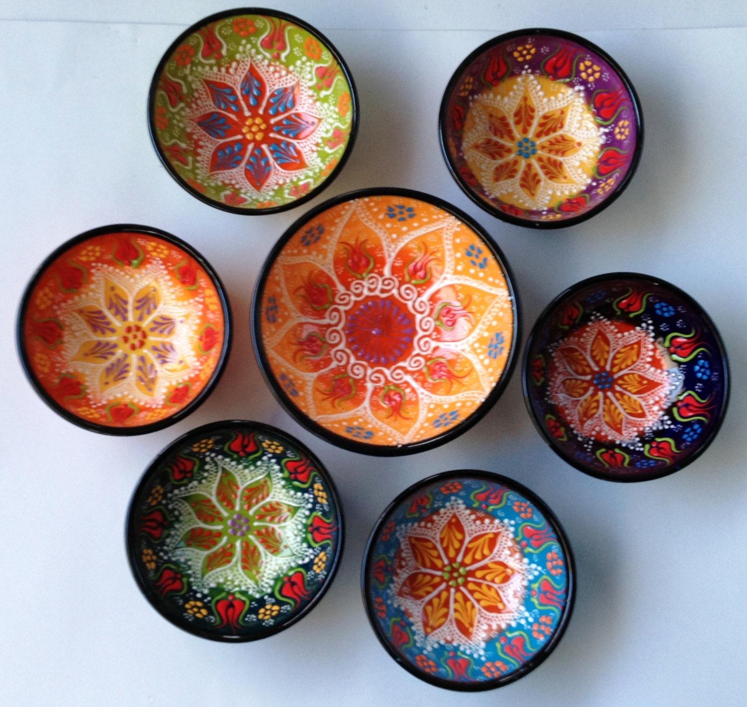 Hand painted Iznik Turkish emboss 7 bowls set patck-work floral with signature