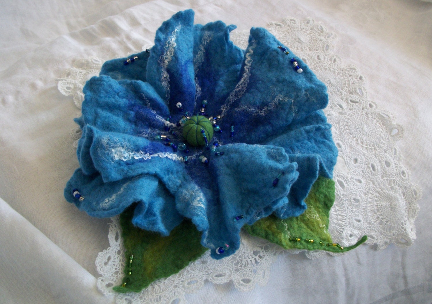Really big blue poppy felt flower brooch and hair pin or clip, sky and royal blue merino wool, white silk, seed beads, handmade with care