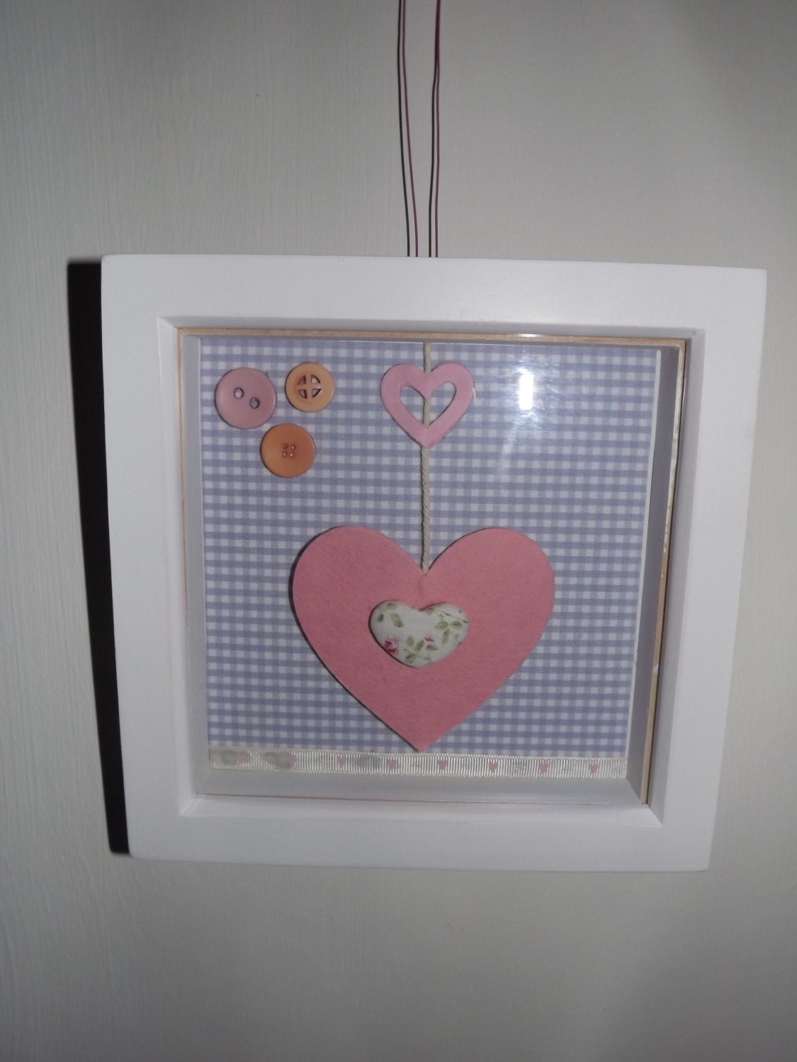 Shabby Chic Button Art Wall Hanging Box Frame Hearts Nursery Handmade Ditsy Gingham Love