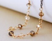 Crystal Necklace Mixed Metal Bronze Golden Shadow Swarovski Antiqued Brass Chain Gold Wire Wrapped Jewelry