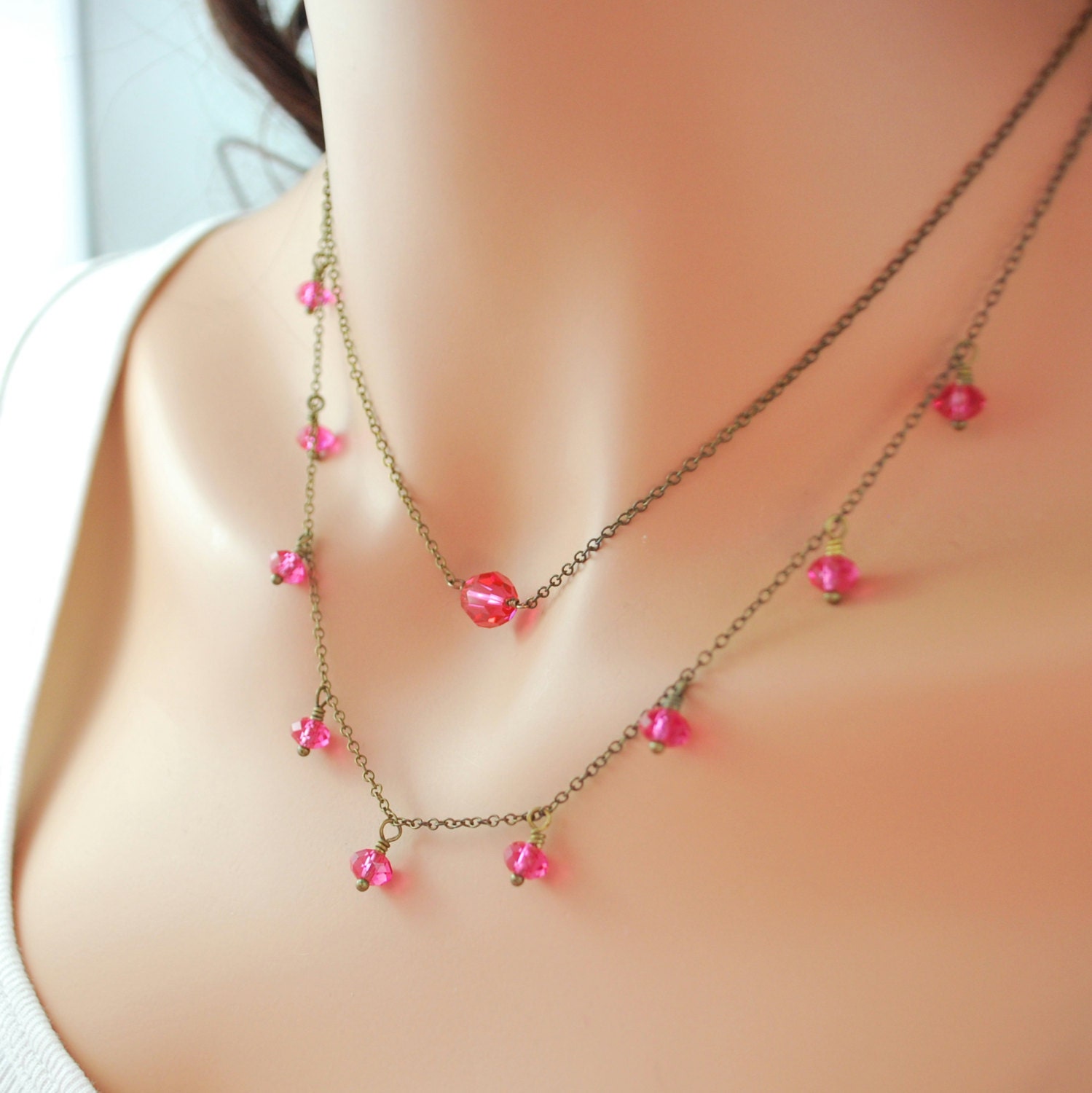 Pink Crystal Layering Necklaces Genuine Swarovski Beads Antiqued Brass Chain Wire Wrapped Choker Hot Pink Jewelry
