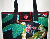 Handmade Fabric Medium Tote, Shoulder Bag, Shopping Tote, Birds, Black Red Green Fabric Handbag