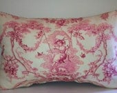 Classic French Toile de Jouy, Maiden on a Swing, Pink, Red on Cream with Red Ticking Back Pillow