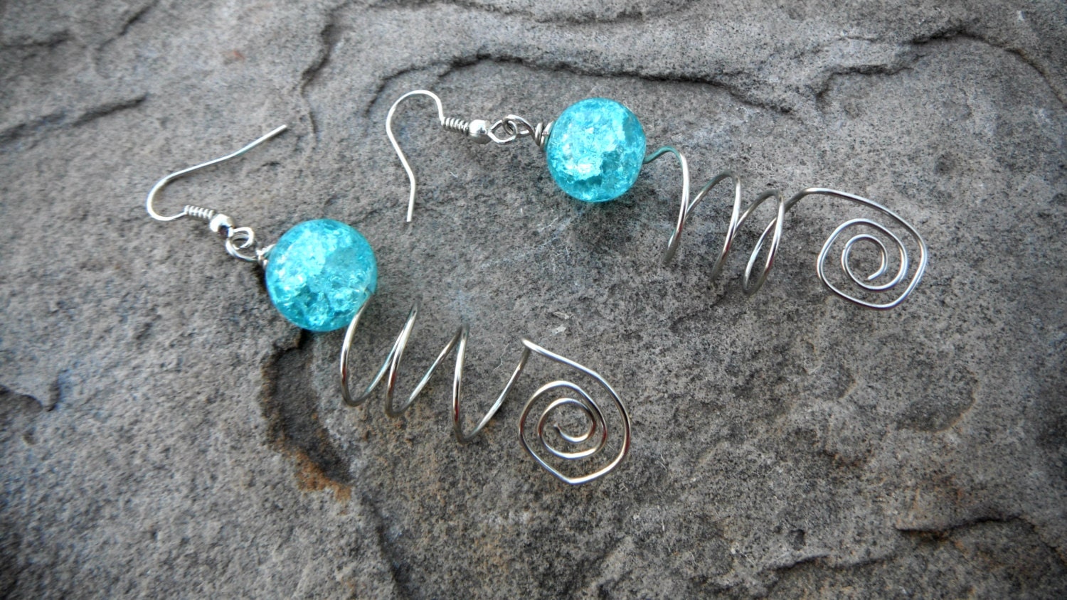 Wire Wrapped Blue Dangle Earrings - wire wrapped jewelry handmade - OOAK spiral earring, copper wire earrings, statement earrings