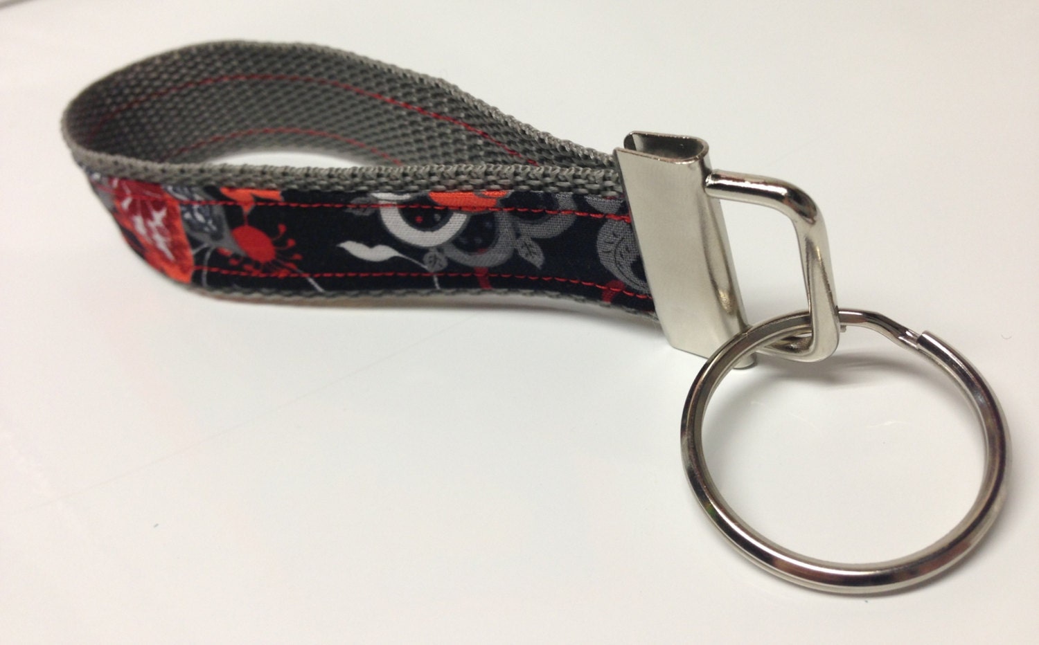 Fabric Key Fob - Key Chain In Red, Gray & White Floral Style Pattern - Made In The Mitten