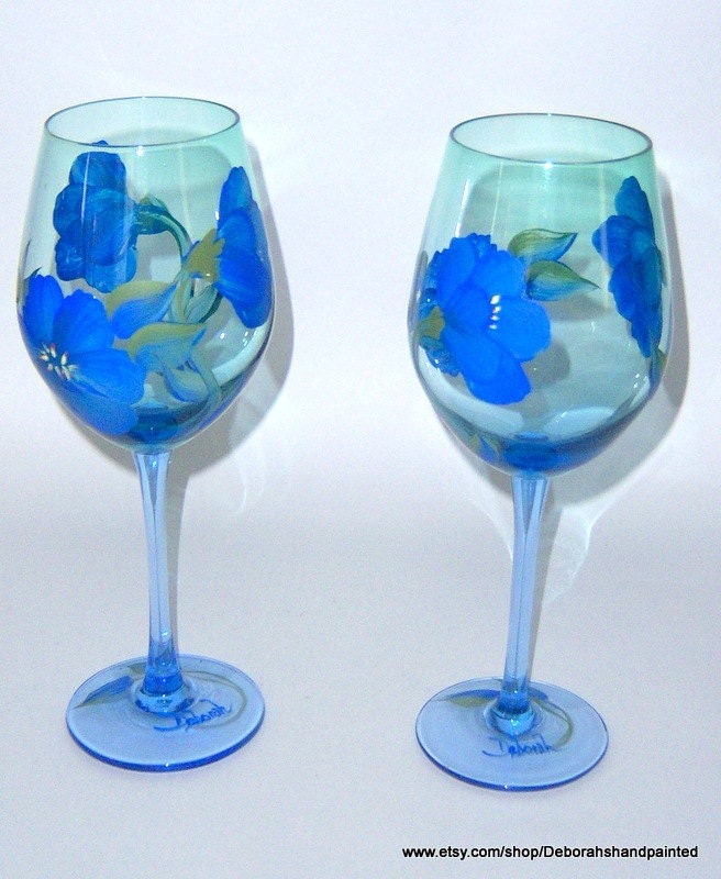 Hand Painted Tinted Wine Glasses Blue Flowers Upcycled Recycled Glass Household Decor Cocktails Barware Glassware Bridal Shower Gift