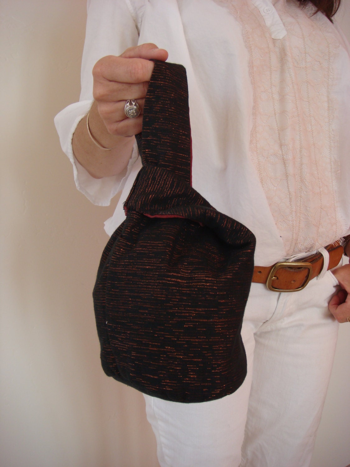 Black Cotton with Orange Metallic Fiber Knot Purse/Unique Handmade Small Bag for Evening or Daytime Essentials
