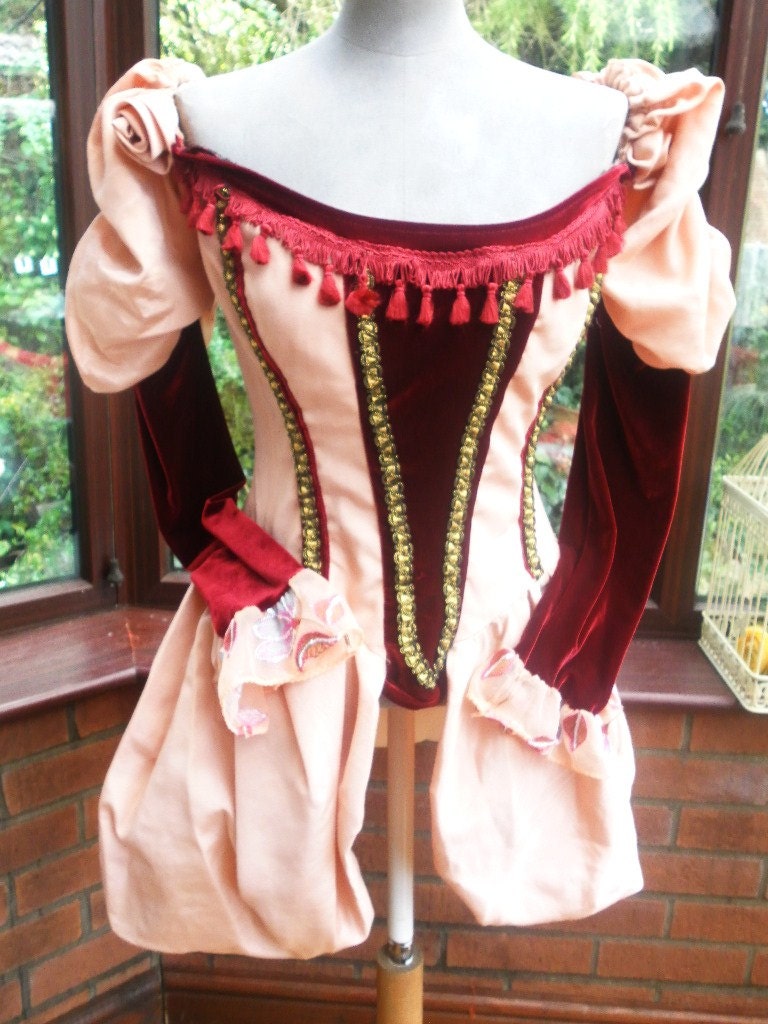 Handmade burlesque bustle corset dress Victorian style in peach and burgandy velvet size uk12 usa10