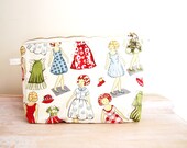 PAPER DOLL PURSE Clutch Makeup bag Fashion Doll Bright Novelty Vintage style fabric upcycled lining and zip birdcage