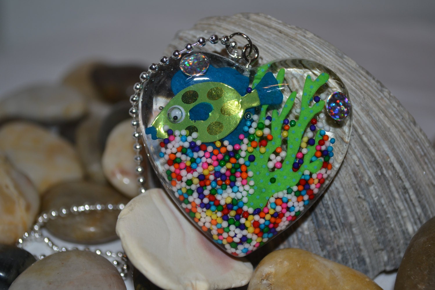 Heart Shaped Fish Tank Resin Pendant  Silver Ball Chain Necklace
