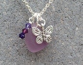 Handmade Seaglass Beachglass Necklace Rare Amethyst with pewter butterfly & Swarovski Crystal