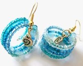 Summer memory wire beaded dangle round beach earrings blue Swarovski crystals antique gold metal charm snail SEA BREEZE