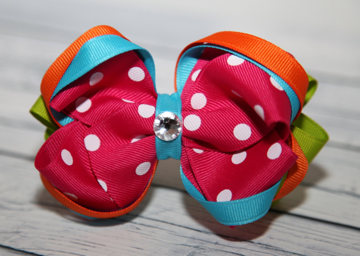 Hot Pink, Turquoise, Orange and Lime Green Hair Bow, Boutique Hair Bow, Polka Dots Hair Bow