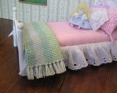 Dollhouse Miniature Afghan - hand knit blue, green & cream cotton - 3-1/2" x 5" - 1:12 scale