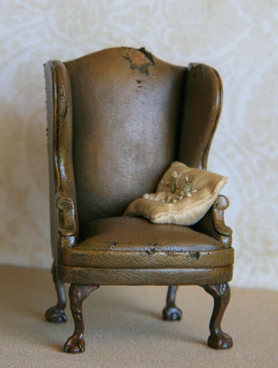 Antique Delapidated Brown Leather Armchair for Dollhouse - MADE TO ORDER