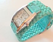 Handmade Aqua Blue Ladies Braided Rope Leather Wrist Watch