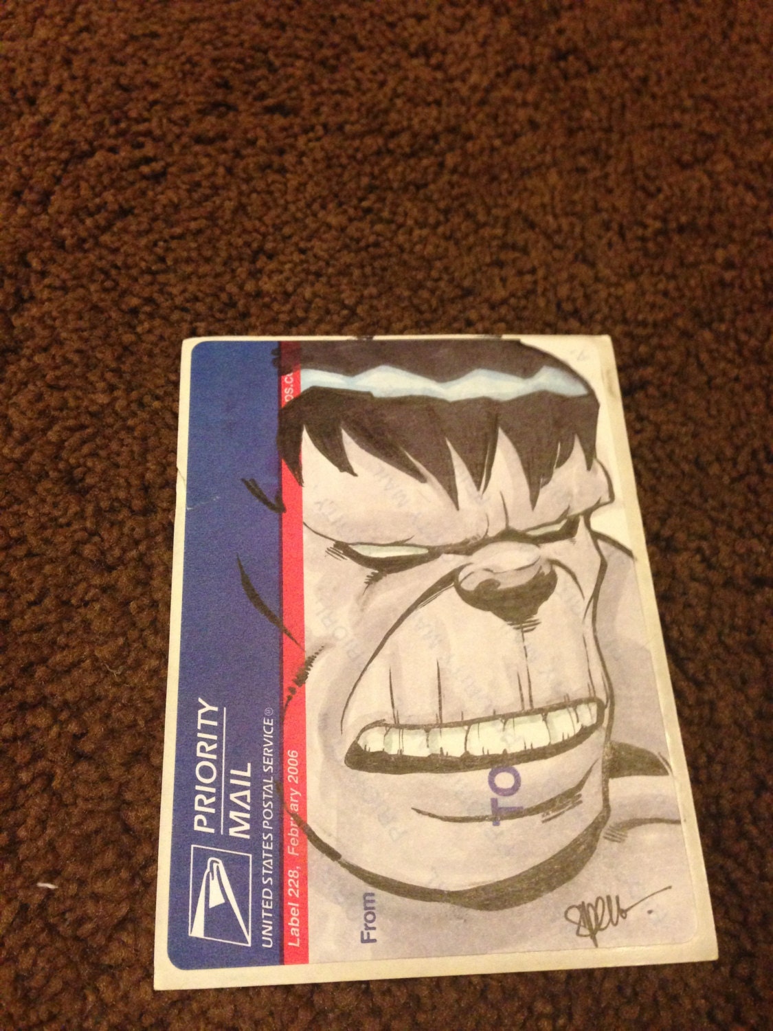 Grey Hulk Postal Sticker Original Drawing