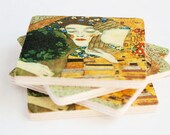 Wooden coasters "The Kiss" - A fragment of Gustav Klimt's painting, set of 4 - Art, home decor, handmade, gift ideas, natural wood