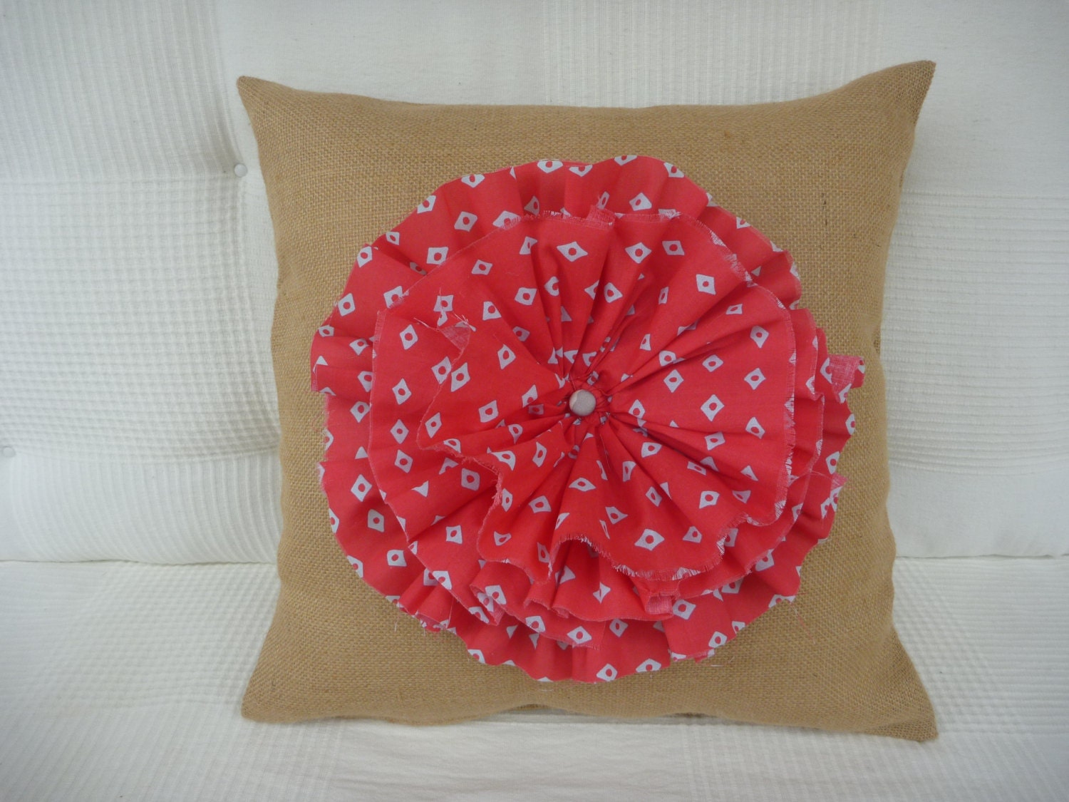 Hessian Flower Cushion Cover/Pillow Cover/Rose/RedBeach Shack/Shabby Chic/Decorative Red Flower/ Rustic/Cottage/Country/Handmade