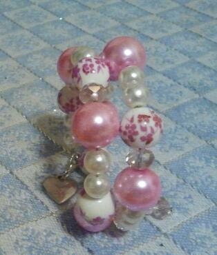 Pink flowered porcelain Memory Wire Wrapped Bracelet