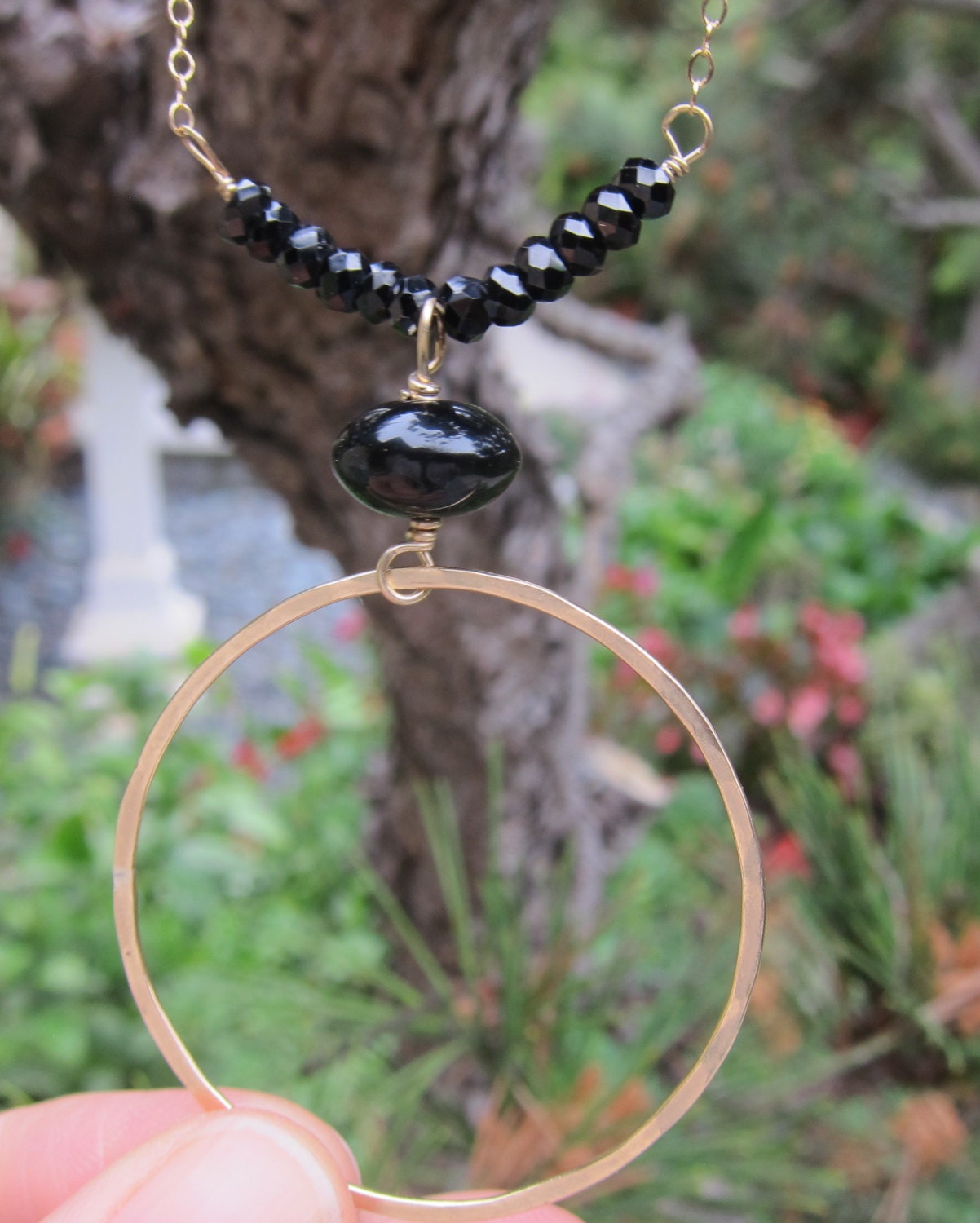 Black Onyx Hand Hammered Circle Necklace