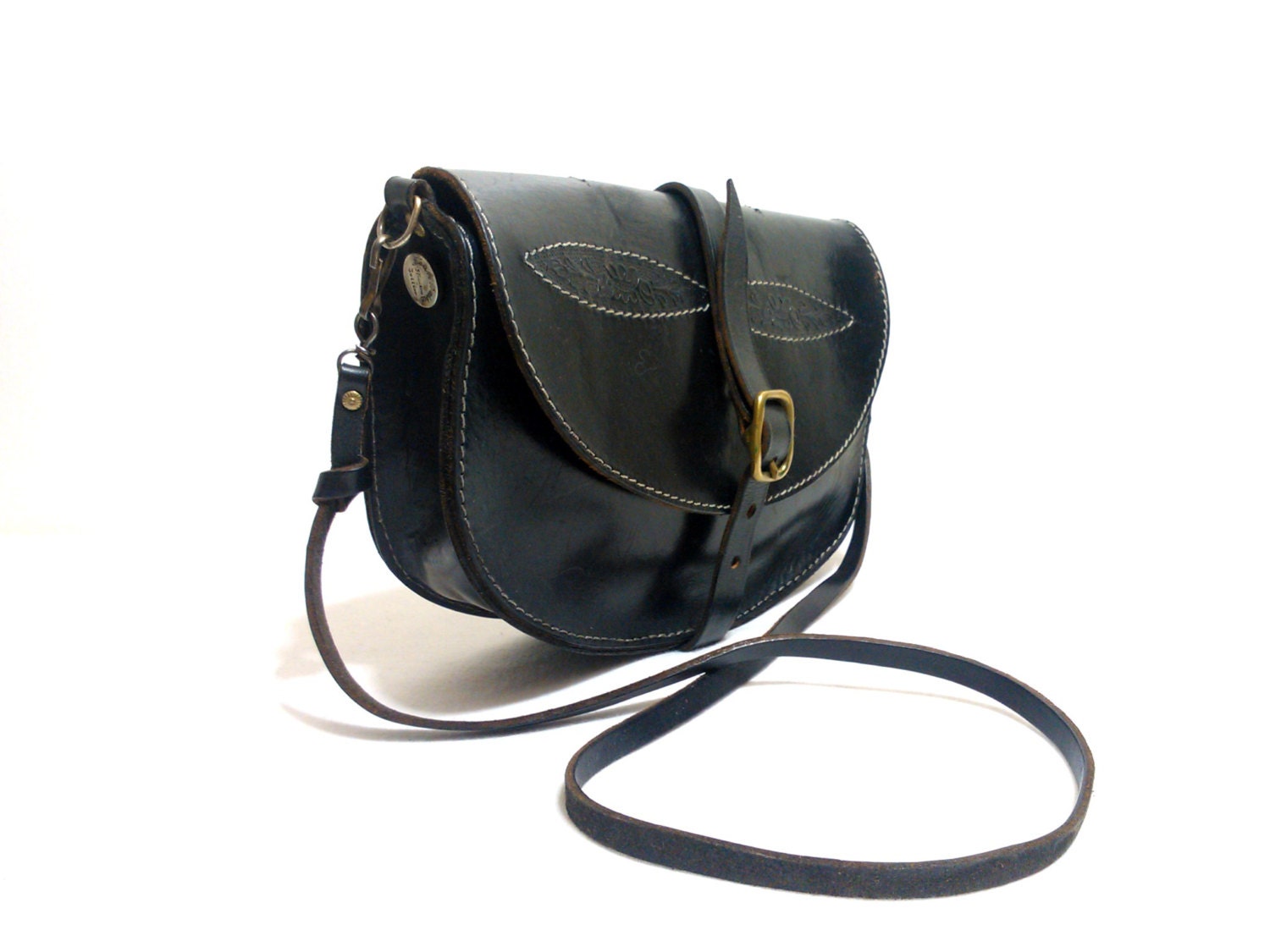 Vintage French Handcrafted Black Leather Cross-Body Purse / Shoulder Bag