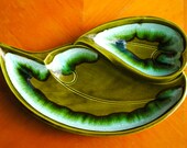 Vintage Santa Anita Ware Green Leaf Divided Serving Dish Tray Midcentury 1950s Chip and Dip